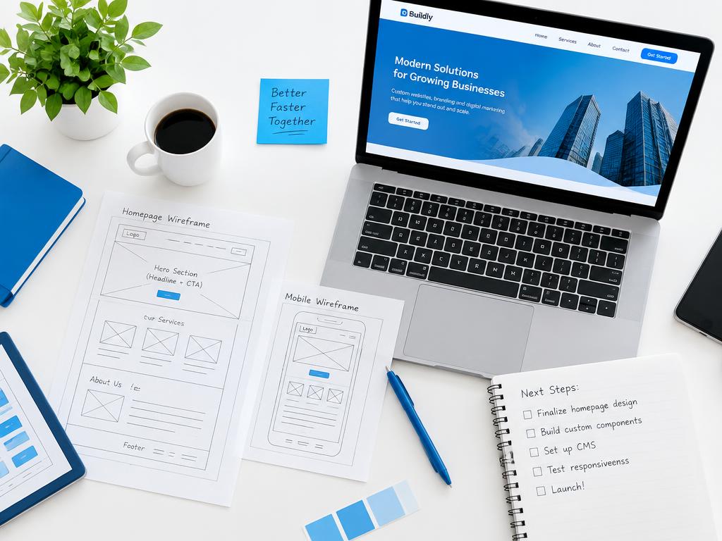 Website design wireframes and a laptop showing a custom business website